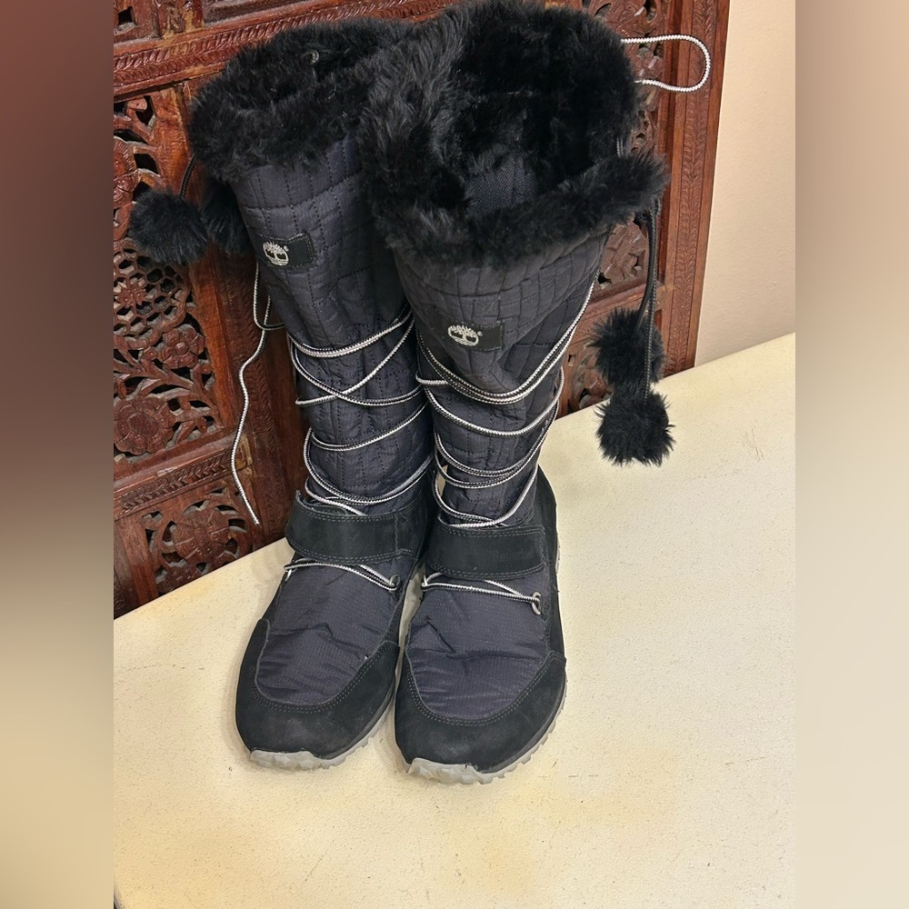 Timberland Boots Womens 8 Black Knee High  Pom Pom Lace Up Winter Snow